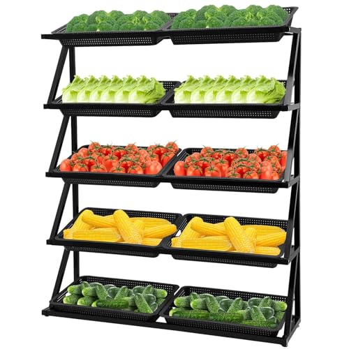 Cesta de frutas y verduras de 5 niveles con estante de almacenamiento para exhibición de mercado comercial y hogar con 10 cestas (negro)