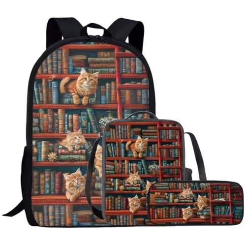 Bookshelf Cat Girls Backpack Elementary School Backpack with Lunch Box Pencil Case Kindergarten Elementary Middle School Bag Sets Kids Bookbags