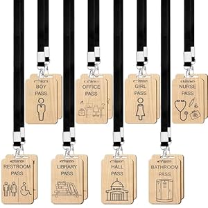 24 Sets Wooden Hall Pass Lanyards School Passes Set for Classrooms Hall Bathroom Passes for Students Teachers Nurse Classroom Library Office
