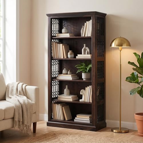 Image of SONA ART & CRAFTS Iron Jali Book Shelf Wooden | Multipurpose 5 Tier Open Bookshelf for Home & Library | Storage Cabinet for Living Room | Crockery Cabinet for Home, Kitchen | Walnut