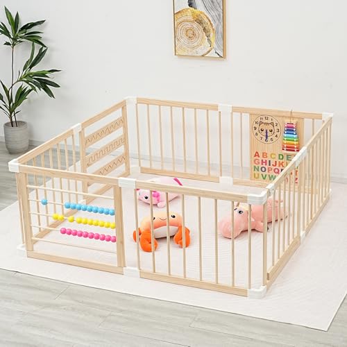Image of Baby Playpen - Wooden Playpen for Babies and Toddlers - Large Adjustable Shape &Size Play Yard - Baby Fence with Lock Gate - Infant PlayPen - Portable Safe Play Area Kids Activity Center（63x63x24inch）