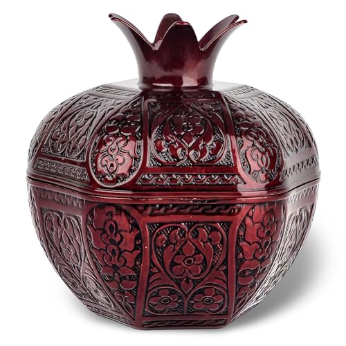 Heavyweight Metal Pomegranate Decor & Trinket Box Antique Style Gold Casting Lidded Candy Dish for Coffee Table Unique Rosh Hashanah Gift Jewelry Holder & Wedding Favor (6 Colors) (Burgundy)