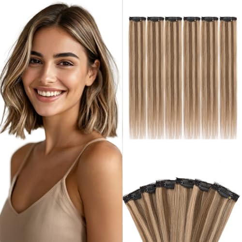 Benehair 6 PCS Clip in Short Hair Extensions Real Human Hair Seamless & Invisible for Women Instant Volume Highlight Length for Daily Use 10' Medium Brown&Dark Blonde