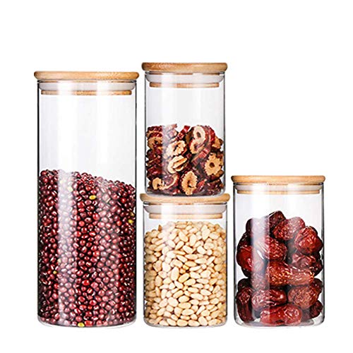 VIVILINEN Glass Storage Jar Containers Food Storage Canisters with Airtight Bamboo Lid for Serving Tea Coffee Spice Flour Sugar Candy Snack and More 4pcs Set 34oz 17oz 9oz x 2