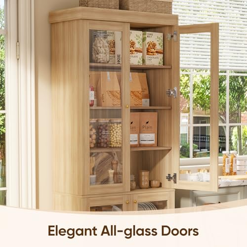 Image of ivaniti 70.8 inch Tall Farmhouse Bookshelf, Modular Bookcase with Glass Doors, 6-Tier Adjustable Shelves, Large Storage Cabinet for Study or Home Office, Brown, Set of 2