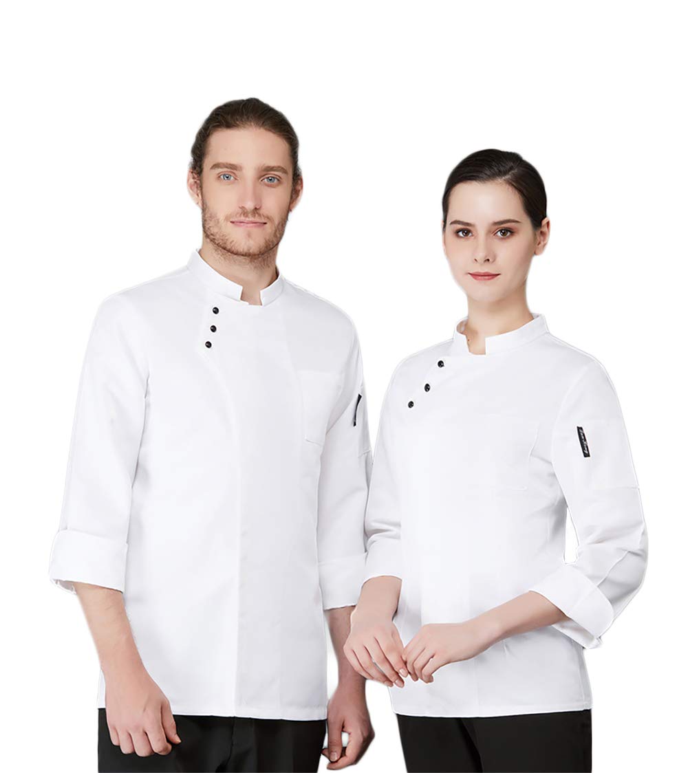 Zangaiyizu Unisex Chef Jacket Long Sleeve Coat Kitchen Uniforms with Pockets Stylish Western-Style Oblique Collar Design Chef Jacket High Moisture Absorption Sweat Releasing,White,L