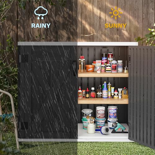 Image of DWVO 35 Cu Ft Outdoor Storage Shed with Unique X-Shaped Lockable Door, Weatherproof Resin Tool Shed w /o Shelf for Gardening & Lawn Equipment, Dark Gray