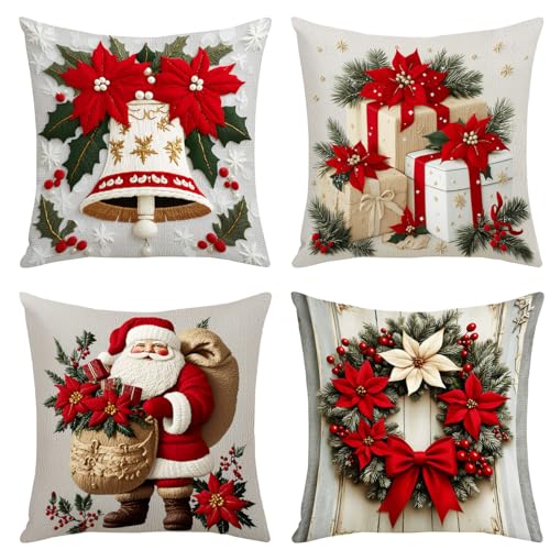 Weihnachten Kissenbezug 4er Set, Weihnachtskissenbezüge Leinen 45x45...