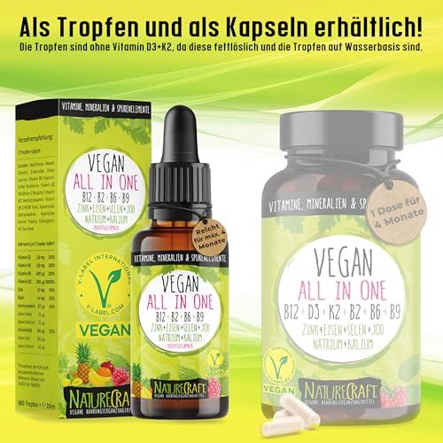 Vegan All-in-One Tropfen - Vitamin B12+B2+B6+B9 Folsäure + Zink + Eisen + Selen + Natrium + Kalium + Jod - Komplex mit natürlichem Tropical Fruchtgeschmack (20ml = ca. 4 Monats-Vorrat)