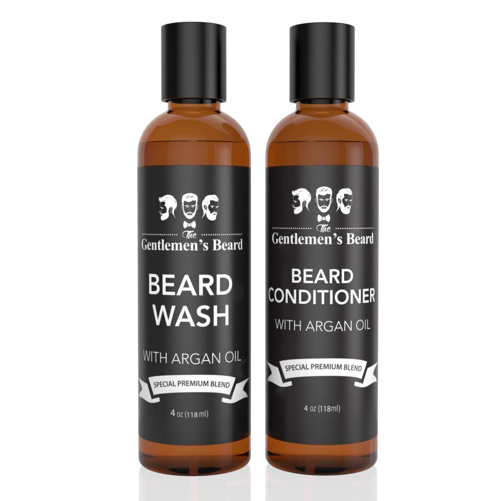 Beard Wash & Beard Conditioner Set with Argan Oil - Aids Growth and Volume - Softens, Smooths & Strengthens All Types of Beards & Mustaches - Made In the USA