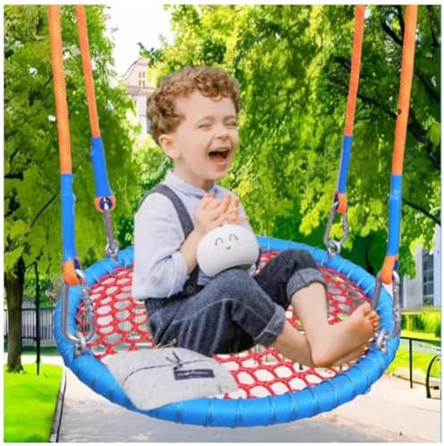 Kids Outdoor Nest Disc Swing - Round Spider Net Swing Seat for Backyard Playground - 70cm/27.56in Gray - Fun and Safe Play for Children