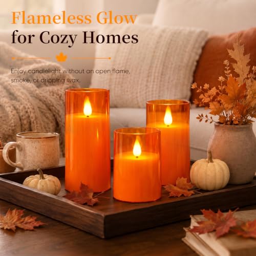 Image of Homemory Halloween Orange Flameless Candles, Acrylic, Remote Timer, 3 Pack | Flameless LED pillar candles, battery operated candles, D3 inchxH4 inch /5 inch /6 inch, remote timer, Halloween, fall decor, Thanksgiving