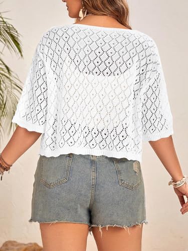 Image of Women's Plus Size Crochet Cardigan Crop Short Sleeves Tie Front Lightweight Knitwear