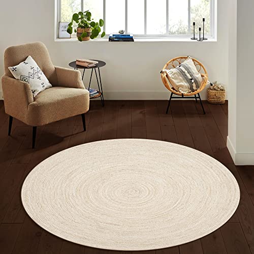 Hausattire Hand Woven Jute Braided Rug, 4’ Round – Off White, Reversible Boho Entry Area Rugs for Kitchen, Living Room I Farmhouse Decorative Floor Rug, 4 Feet Round