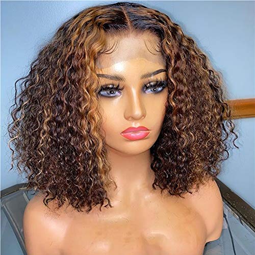 Highlight Glueless Short Bob Wig Brazilian Curly 4/27 Ombre Brown Honey Blonde 13X6X1 Lace Front Human Hair Wigs Pre Plucked With Baby Hair for Black Women(10 Inch).