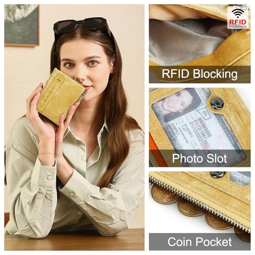 Image of CONTACTS Soft Leather Wallet for Women Small Bifold Coin Purse Double Zipper Card Holder with RFID Blocking (Yellow)