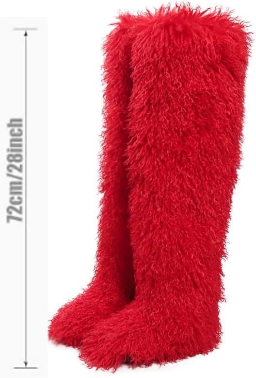 Thigh High Fur Boots, Faux Fur Over the Knee Fluffy Winter Snow Boots, Y2K Furry Tall Boots for Women, Round Toe Warm Long Fuzzy Shoes for Party & Clubwear, 28"