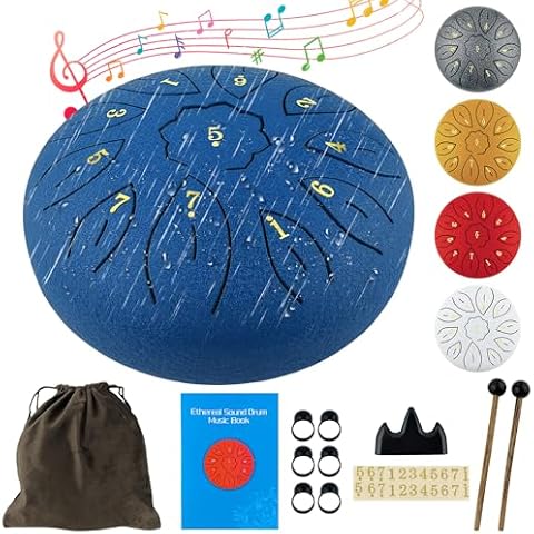 Oun Nana Rain Drum for Garden, 6 Inches 11 Notes Steel Tongue Drum for Adults Kids, Hand Drum Percussion Instrument with Drumsticks, Finger Paddle, Music Book and Travel Bag Yoga Chakra Gifts, Blue Cover