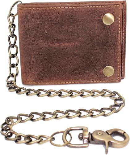 Chain Wallet for Men with Two Snaps RFID Blocking Crazy Horse Leather Bifold Wallet for Biker 18' inch Long Chain (With Chain, Rustic Brown)4