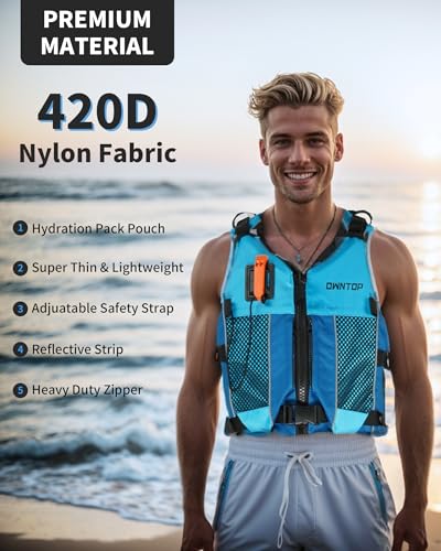 Owntop Schwimmhilfen Erwachsene Jugend mit Trinkrucksack, Pfeife, Mesh Taschen| Verstellbare Auftriebsweste| Leichte Schwimmjacke Unisex für SUP, Kajakfahren, Angeln Alle Wassersportarten
