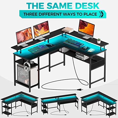 Rolanstar Computer Desk L Shaped With Led Strip & Power Outlets, Reversible L Shaped Computer Corner Desk With Monitor Stand, Home Office Gaming Desk With Usb Port&Hook, Black #TOP3