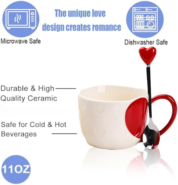 Ceramic Heart Couple Mugs Set with Heart-Top Spoons - Unique 12oz Coffee Mug Set for Wedding, Anniversary, and Valentine’s Day - Romantic Gift for Lovers - Black & Red Love Design. - Image 3