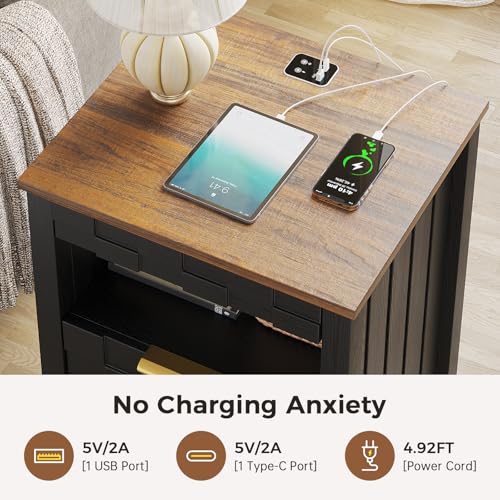 WEQUB Nightstand with Charging Station, 3 Drawers, Gun Drawer, Black - image 2