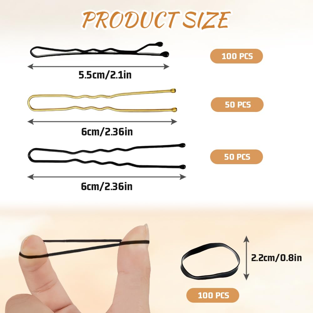 Aucuu 300 Pcs Bobby Pins Kit, Hair Pins for Women Hair Grips, 100 Middle Waved Hair Pins, 50 Black U Shaped H-air P-ins - Image 2