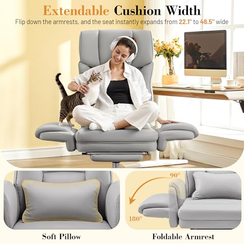 Image of FelixKing Big and Tall Office Chair, 400LBS Wide Leather Executive Chair, Reversible Armrest for Pets Criss Cross Legged, 135 Reclining High Back Gaming Desk Chair with Lumbar Support Footrest, Gray