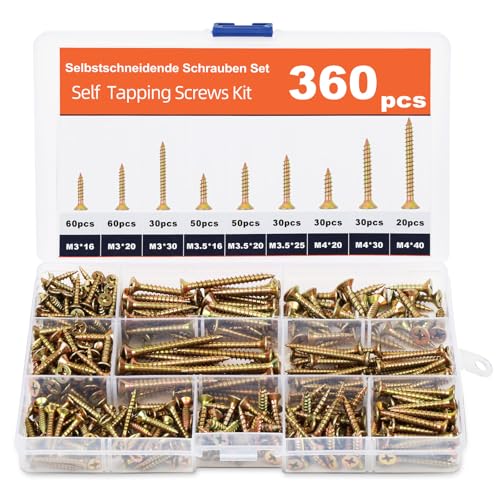 Flintronic Wood Screw, 360pcs Countersunk Wood Screws Assortment, Countersunk Self Tapping Screws, M3 M3.5 M4 M8 Screws for Wood, for DIY, Repairs & Furniture