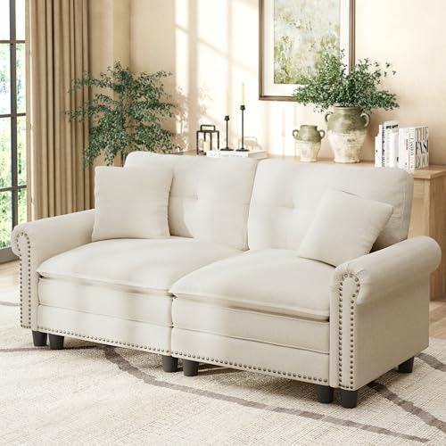 Image of HERA'S HOUSE 73.2 inch Modular Loveseat Cloud Couch Deep Seats & Rolled Arms | Mid-Century Modern 2-Seater Loveseat, Beige, Nailhead Trim, Wider & Deeper Seats, Soft Linen Sofa for Living Room Bedroom
