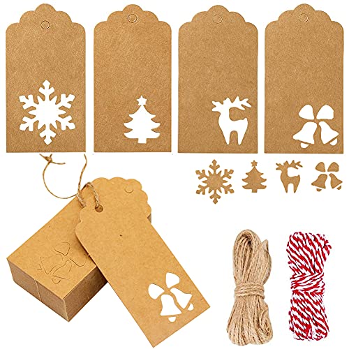 120PCS Christmas Gift Tags Brown Kraft Paper Gift Tags Snowflake Reindeer Xmas Hanging Labels Tags with 32.8 Feet Jute Twine String for Christmas Holiday Present Wrap