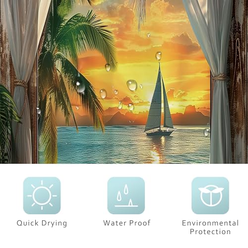 Image of Riyidecor Small Stall Beach Shower Curtain 36Wx72H Inch RV Half Coastal Ocean Sea Hawaiian Sunset Tropical Single Narrow Barn Door Rustic Bathroom Decor Fabric Polyester Waterproof 7 Pack Hooks