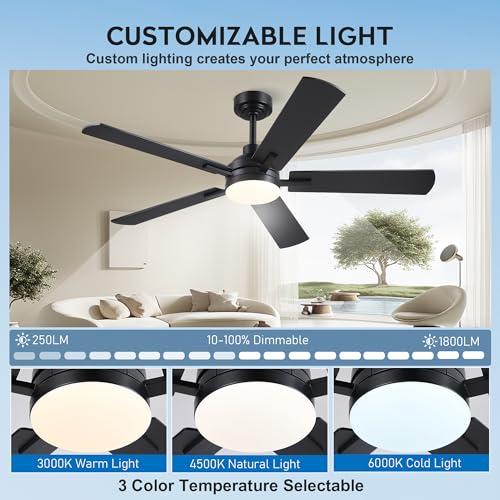 Image of JSAITEE Ceiling Fans with Lights - 52Inch Low Profile Flush Mount Ceiling Fan with Light and Remote Control, DC Reversible Motor, Dimmable, 6 Speeds Ceiling Fan for Bedroom, Kitchen, Black