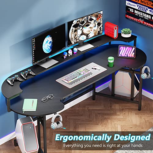 Image of Tribesigns 75 Inch Gaming Desk with Monitor Shelf, Large PC Computer Desk with LED Lights, Gaming Table Gamer Desk for Bedroom, Home Office, Black