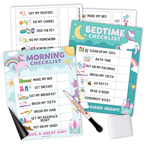 Image of Magnetic Morning & Bedtime Routine Chart for Kids - Customizable Toddler Daily Schedule Board with Dry Erase Surface, Stickers & Marker, Build Habits with Visual Checklists, Unicorn Theme