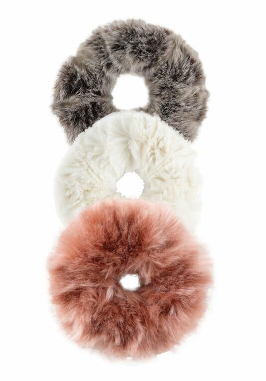 Donna Salyers' Fabulous-Furs Women's Faux-Fur Scrunchies, 3 Pack, Ivory Mink, Glacier Grey Mink & Rose Quartz Mink