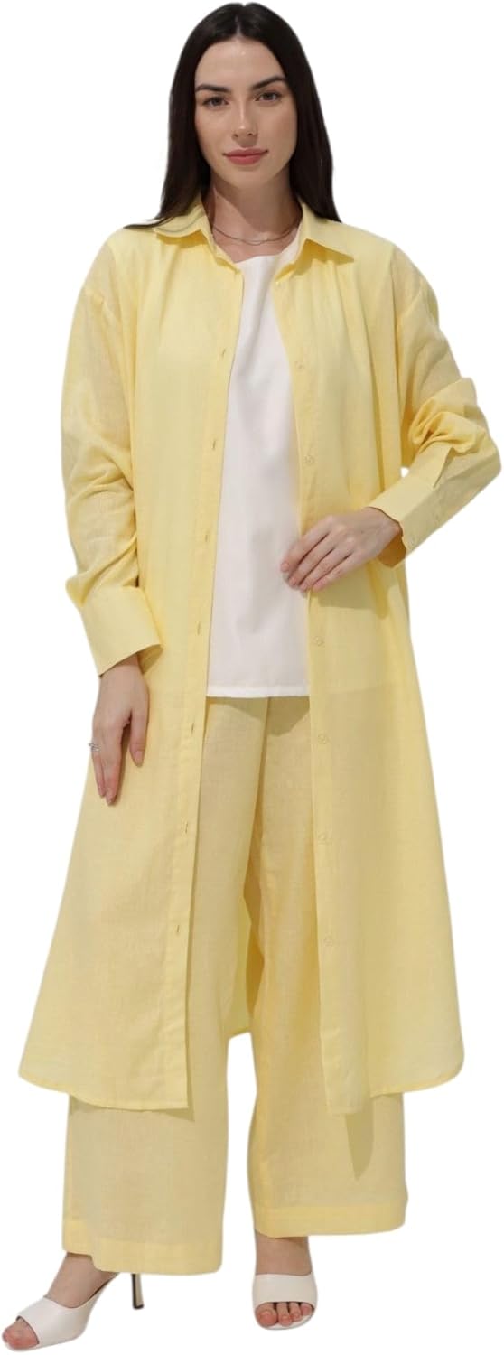 Taliseline Light Yellow Summer Linen Suit for Women – Open Jacket with Buttons & Loose Pants – Comfortable Two-Piece Set – Women’s Clothing