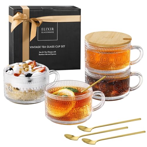 ELIXIR GLASSWARE Vintage Coffee Mugs - Glass Mug with Lid Set of 2 - Glass Vintage Coffee Cups with Bamboo Lids and Spoon - Stylish Antique Design
