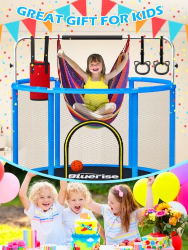 Image of BLUERISE 55IN 6FT Indoor /Outdoor Toddler Trampoline for Kids | Galvanized Steel Pipe,Multiple Activity Accessories,110lb,Safety Enclosure,Basketball Hoop,No-Gap Design,Anti-Rollover Bottom