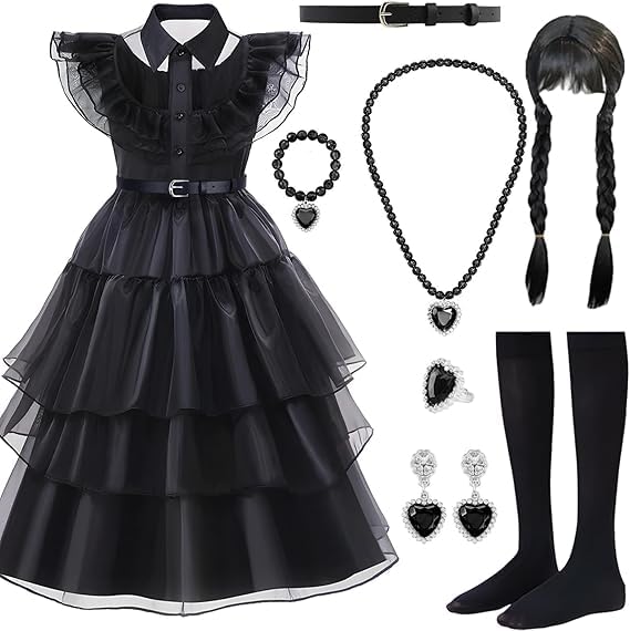 Snarflun Robe Noire Halloween pour Fille, 8 Pièces Costume Enfant, Déguisement Mercredi...