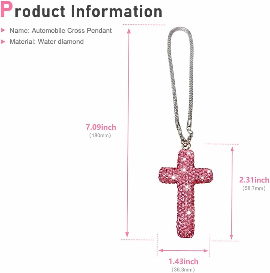 Bling Cross Car Hanging Accessories, Crystal Rhinestone Cross for Car Mirror Hanging, Bling Diamond Crosses Rear View Mirror Pendant Charm, Car Hanging Ornament, Auto Interior Accessory(Pink) image 2
