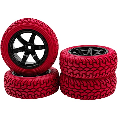Hircqoo 75Mm/2.95'' Rubber Tires & Plastic Wheel Rims 12Mm Hex Hub Compatible With Traxxas 4Tec 2.0 Hsp Tamiya Hpi Kyosho 1/10 On-Road Touring Car, Wltoys 1/14 144001 Rc Buggy (Red) #TOP2