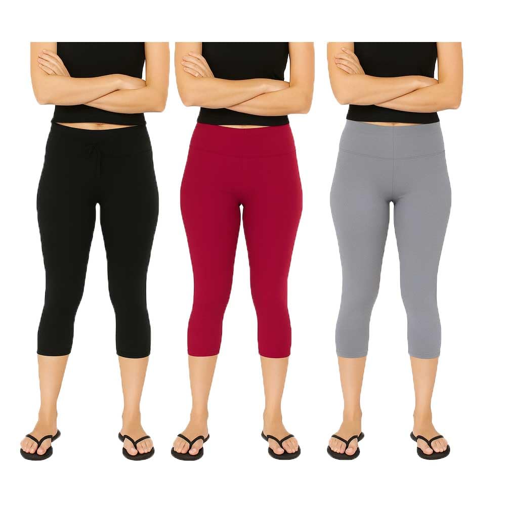 Womens Casual Solid Cotton Blend Plain 3/4 Length Capri For Girls 3Pack (Black, Grey, Pink)-picture-51