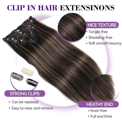 Image of Clip in Hair Extensions Real Human Hair Invisible Remy Human hair Clip in Extensions for Women Seamless Double Weft 8pcs 22 inch 110g /3.9oz Balayage Black Brown Highlight Chestnut Brown