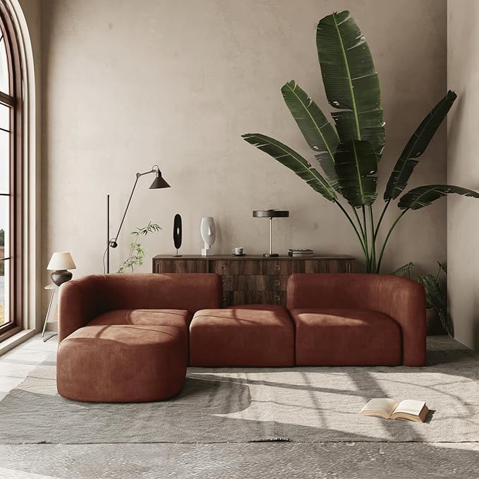 Image of Modern Classic L Shape Sectional Sofa Set, Chesterfield Style 4 Seater Sofa Set with Pillows for Living Room, Bedroom and Office, Office, and Hallway Colour (Modular 4 Seater Brown)