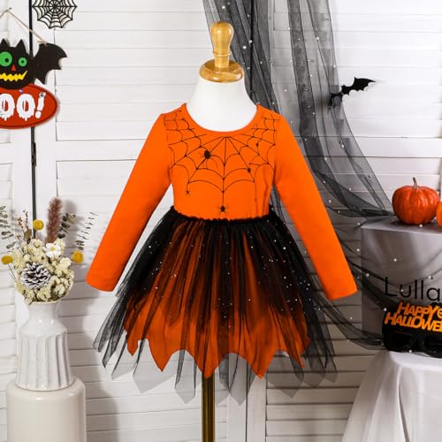 LYSMuch 18M-10Y Toddler Girls Halloween Dress Spider Tulle Dresses Long Sleeve Tutu Outfits Pumpkin Clothes2