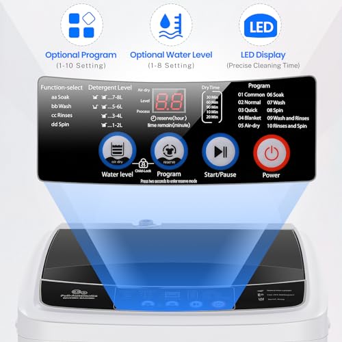 Nictemaw 17.8LBS Portable Washing Machine, Full Automatic Portable Washer with 10 Programs & 8 Water Levels, Compact Laundry Washer and Spin Dryer with Drain Pump, Energy Saving for Apartment/Dorm/RV - Image 6