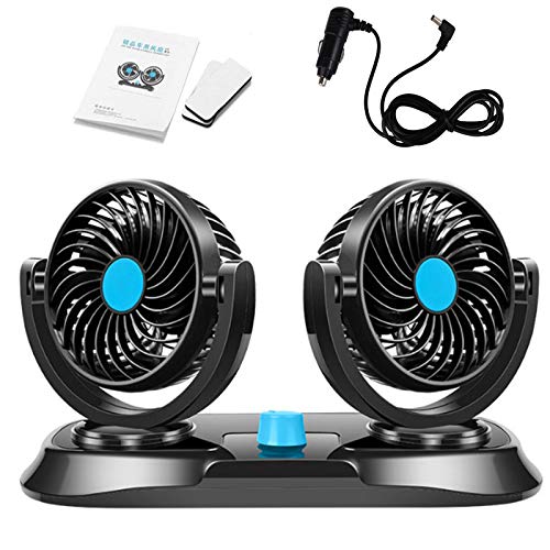 EVERGD 12V Dual Head Car Air Fan 360° Rotating Adjustable 2 Speed Quiet Auto Cooling Air Fan - Black