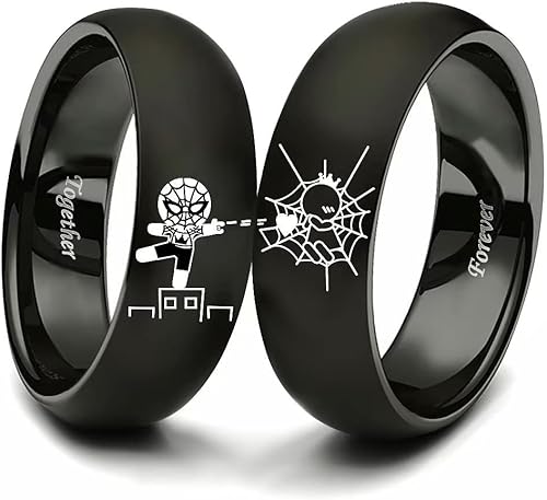 XAHH Anillo de acero inoxidable para parejas, diseño de Spiderman, con texto en inglés "Captured by Your Love Forever Togethers"